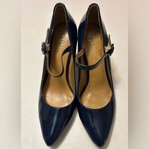 CECELIA NEW YORK Navy Patent Mary Jane Pointed Pumps